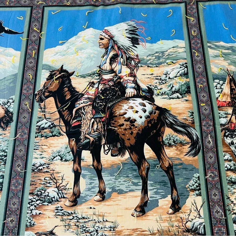 76”x52” Vintage Indian On Horse Eagles and wolfs Quilt.
